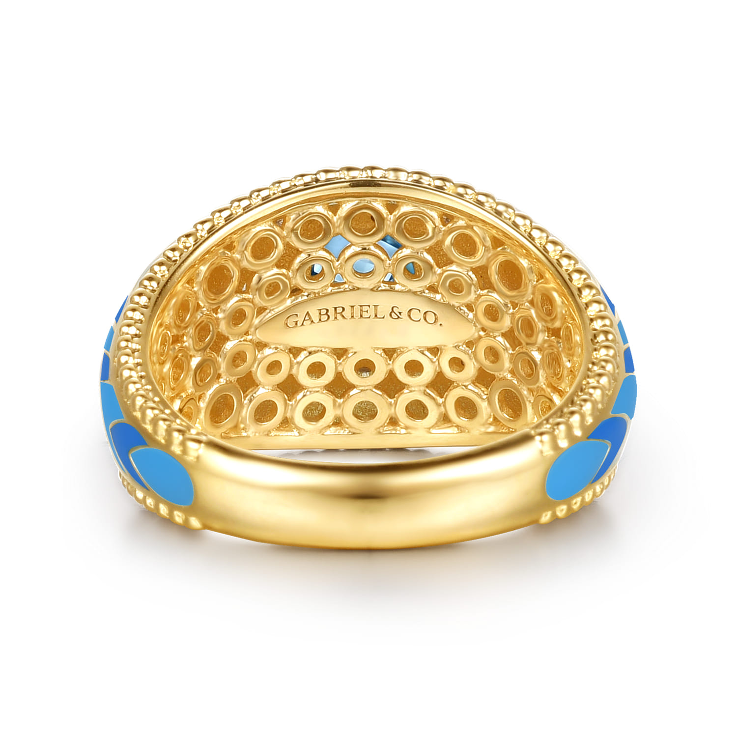 Mosaic - 14K Yellow Gold Bujukan Diamond and Blue Topaz Wide Band with Blue and Dust Blue and White Enamel - 0.21 ct - Shot 5
