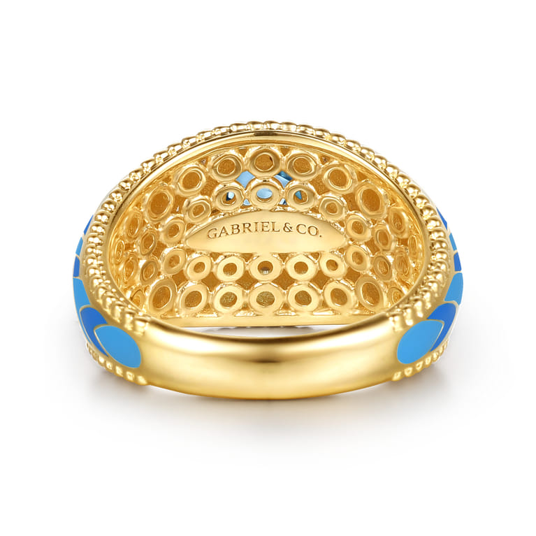 Mosaic - 14K Yellow Gold Bujukan Diamond and Blue Topaz Wide Band with Blue and Dust Blue and White Enamel - 0.21 ct - Shot 5