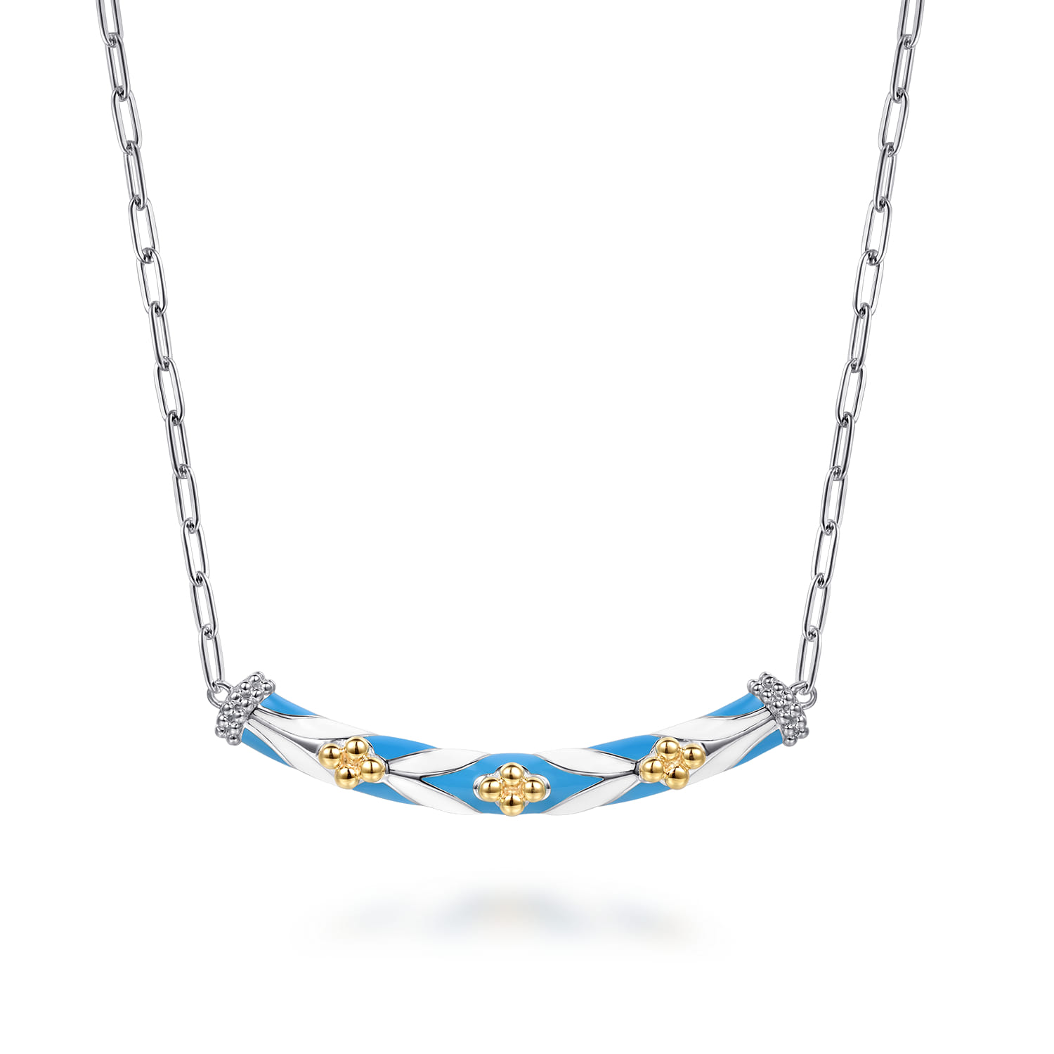 Mosaic - 14K Yellow Gold and 925 Sterling Silver Bujukan Clover Bar Necklace with White and Dusk Blue Enamel - Shot 1