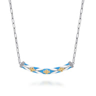 Mosaic - 14K Yellow Gold and 925 Sterling Silver Bujukan Clover Bar Necklace with White and Dusk Blue Enamel