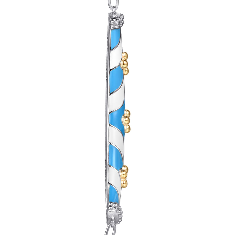 Mosaic - 14K Yellow Gold and 925 Sterling Silver Bujukan Clover Bar Necklace with White and Dusk Blue Enamel - Shot 2