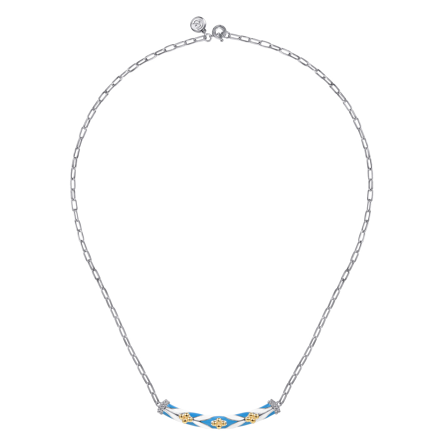 Mosaic - 14K Yellow Gold and 925 Sterling Silver Bujukan Clover Bar Necklace with White and Dusk Blue Enamel - Shot 4