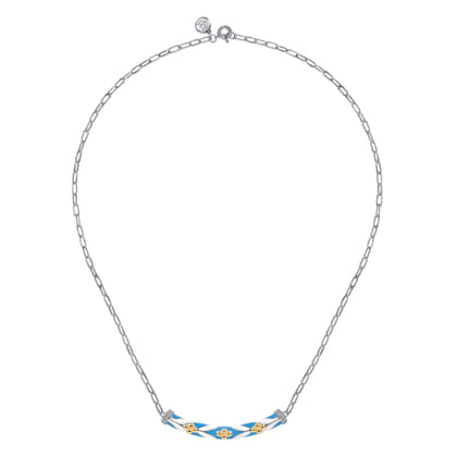 Mosaic - 14K Yellow Gold and 925 Sterling Silver Bujukan Clover Bar Necklace with White and Dusk Blue Enamel