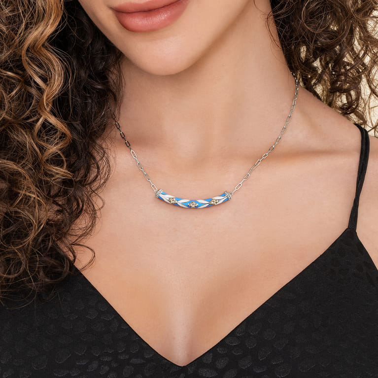 Mosaic - 14K Yellow Gold and 925 Sterling Silver Bujukan Clover Bar Necklace with White and Dusk Blue Enamel - Shot 5