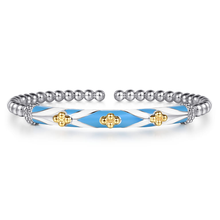 Mosaic - 14K Yellow Gold and 925 Sterling Silver Bujukan Clover Cuff Bangle Bracelet with White and Dusk Blue Enamel - Shot 1