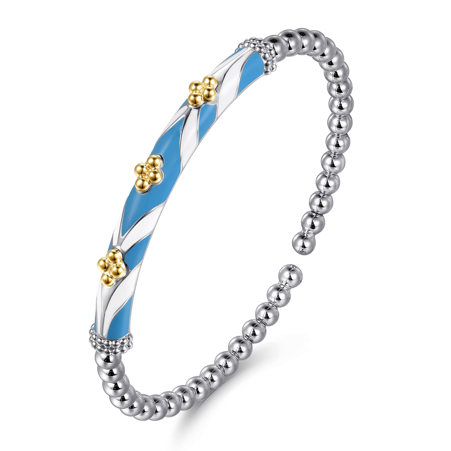 Mosaic - 14K Yellow Gold and 925 Sterling Silver Bujukan Clover Cuff Bangle Bracelet with White and Dusk Blue Enamel - Shot 2