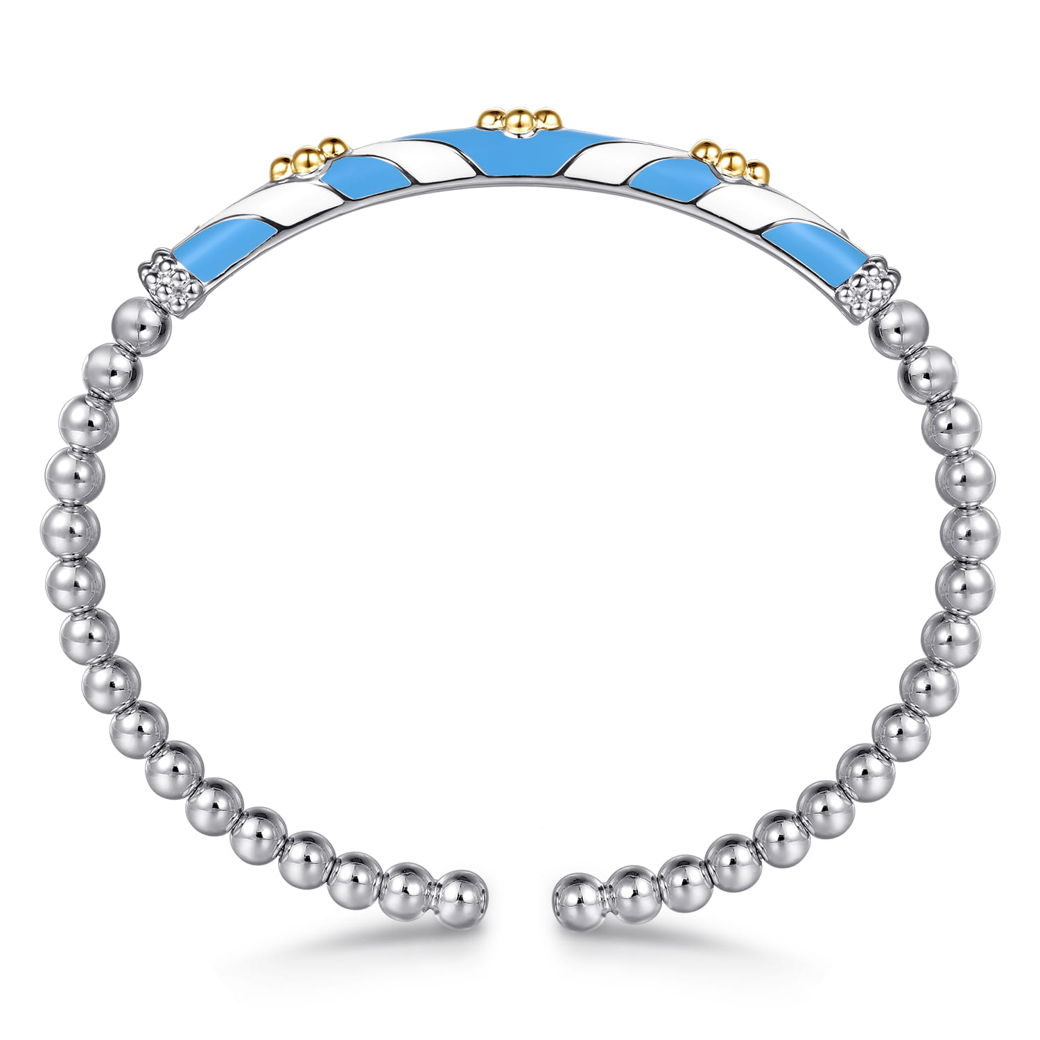 Mosaic - 14K Yellow Gold and 925 Sterling Silver Bujukan Clover Cuff Bangle Bracelet with White and Dusk Blue Enamel - Shot 3