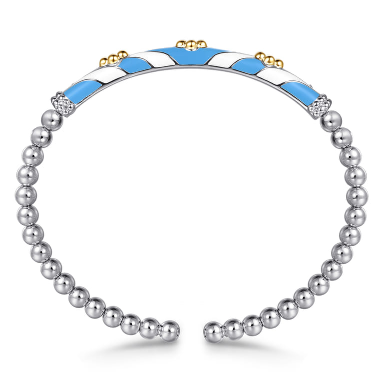 Mosaic - 14K Yellow Gold and 925 Sterling Silver Bujukan Clover Cuff Bangle Bracelet with White and Dusk Blue Enamel - Shot 3