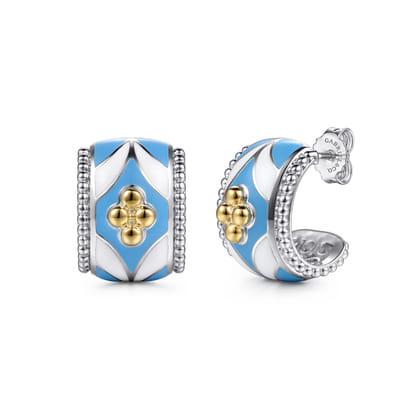 Mosaic - 14K Yellow Gold and 925 Sterling Silver Bujukan Clover Pendant Necklace with White and Dusk Blue Enamel