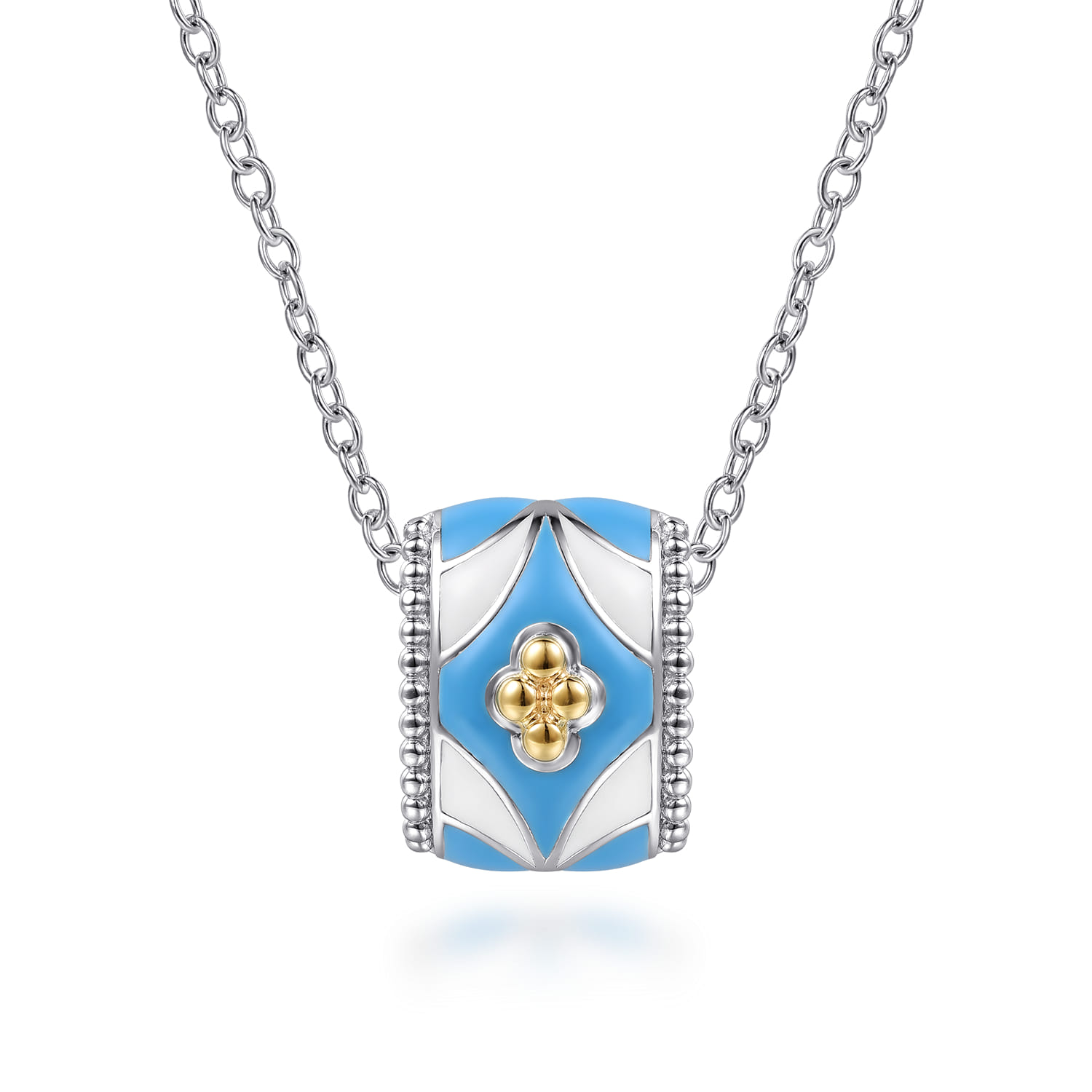 Mosaic - 14K Yellow Gold and 925 Sterling Silver Bujukan Clover Pendant Necklace with White and Dusk Blue Enamel - Shot 1