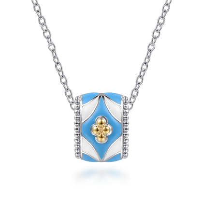 Mosaic - 14K Yellow Gold and 925 Sterling Silver Bujukan Clover Pendant Necklace with White and Dusk Blue Enamel