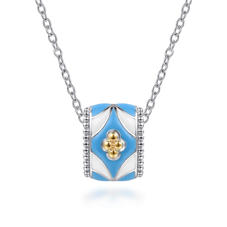 Mosaic - 14K Yellow Gold and 925 Sterling Silver Bujukan Clover Pendant Necklace with White and Dusk Blue Enamel - Shot 1