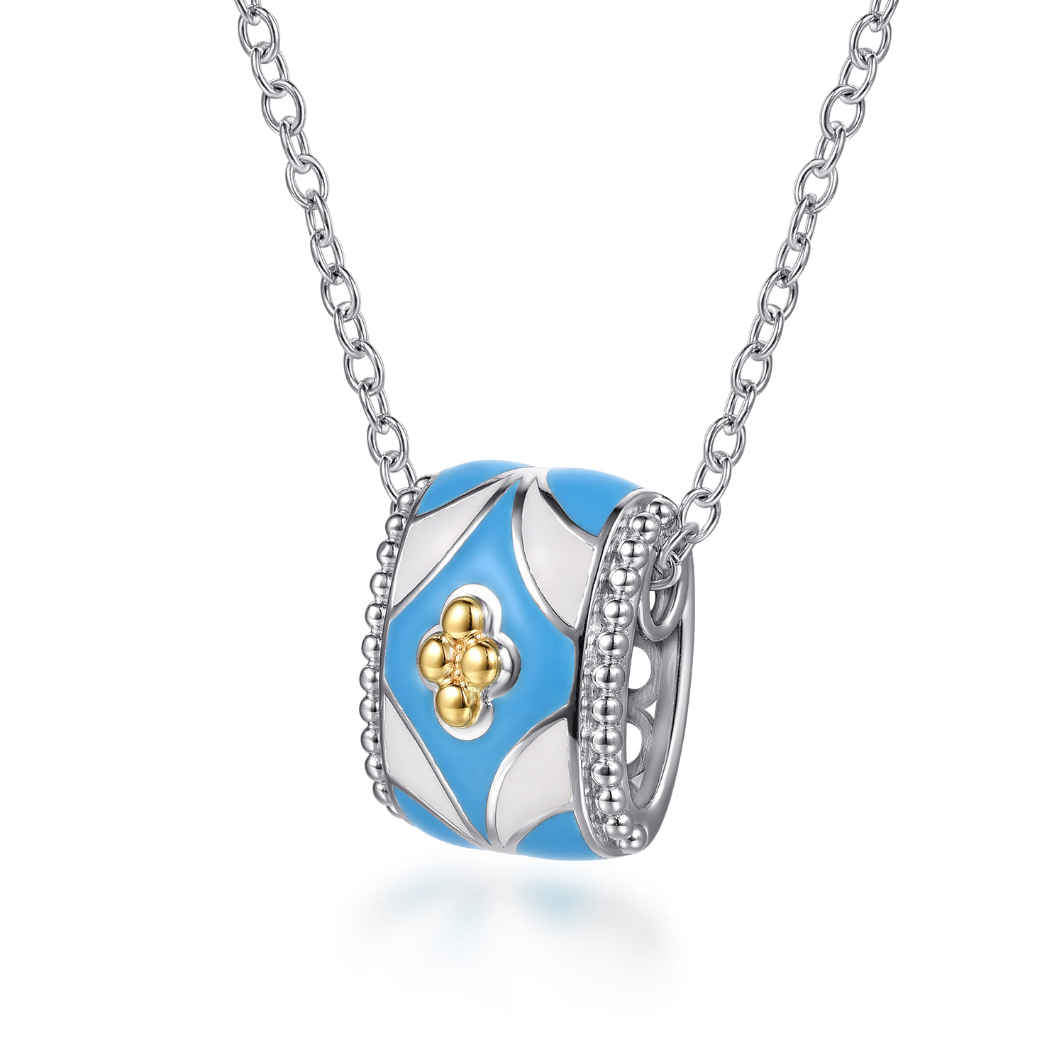 Mosaic - 14K Yellow Gold and 925 Sterling Silver Bujukan Clover Pendant Necklace with White and Dusk Blue Enamel - Shot 2