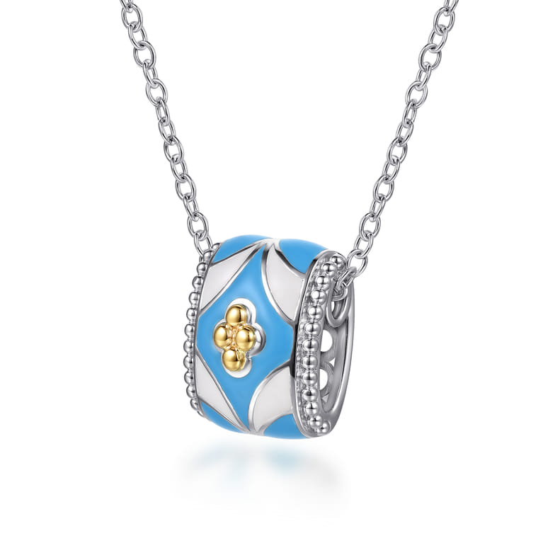 Mosaic - 14K Yellow Gold and 925 Sterling Silver Bujukan Clover Pendant Necklace with White and Dusk Blue Enamel - Shot 2