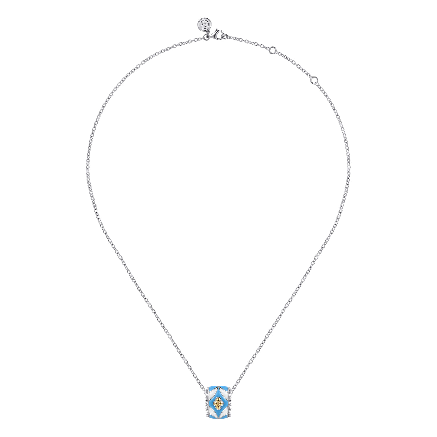 Mosaic - 14K Yellow Gold and 925 Sterling Silver Bujukan Clover Pendant Necklace with White and Dusk Blue Enamel - Shot 3
