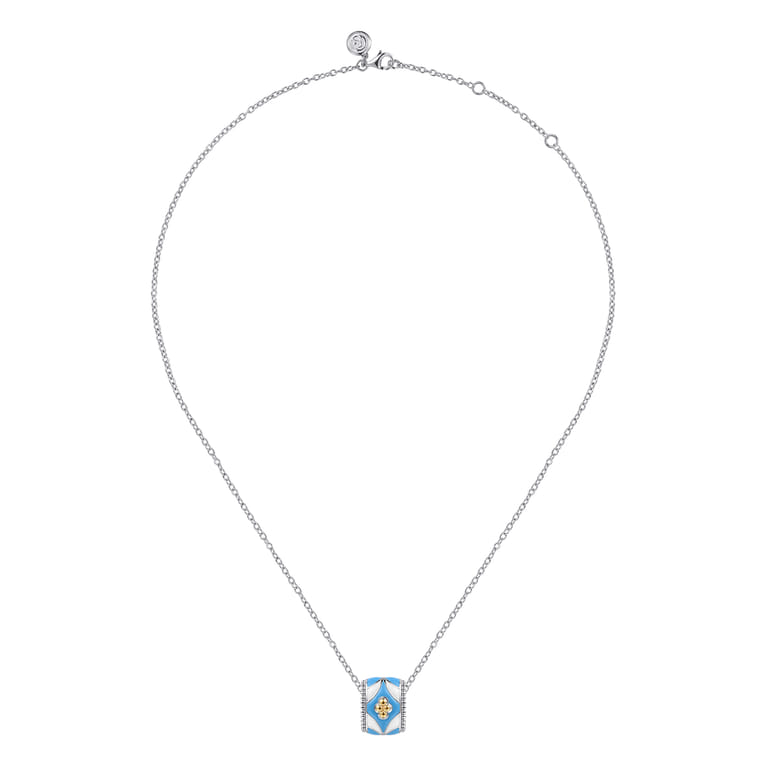 Mosaic - 14K Yellow Gold and 925 Sterling Silver Bujukan Clover Pendant Necklace with White and Dusk Blue Enamel - Shot 3