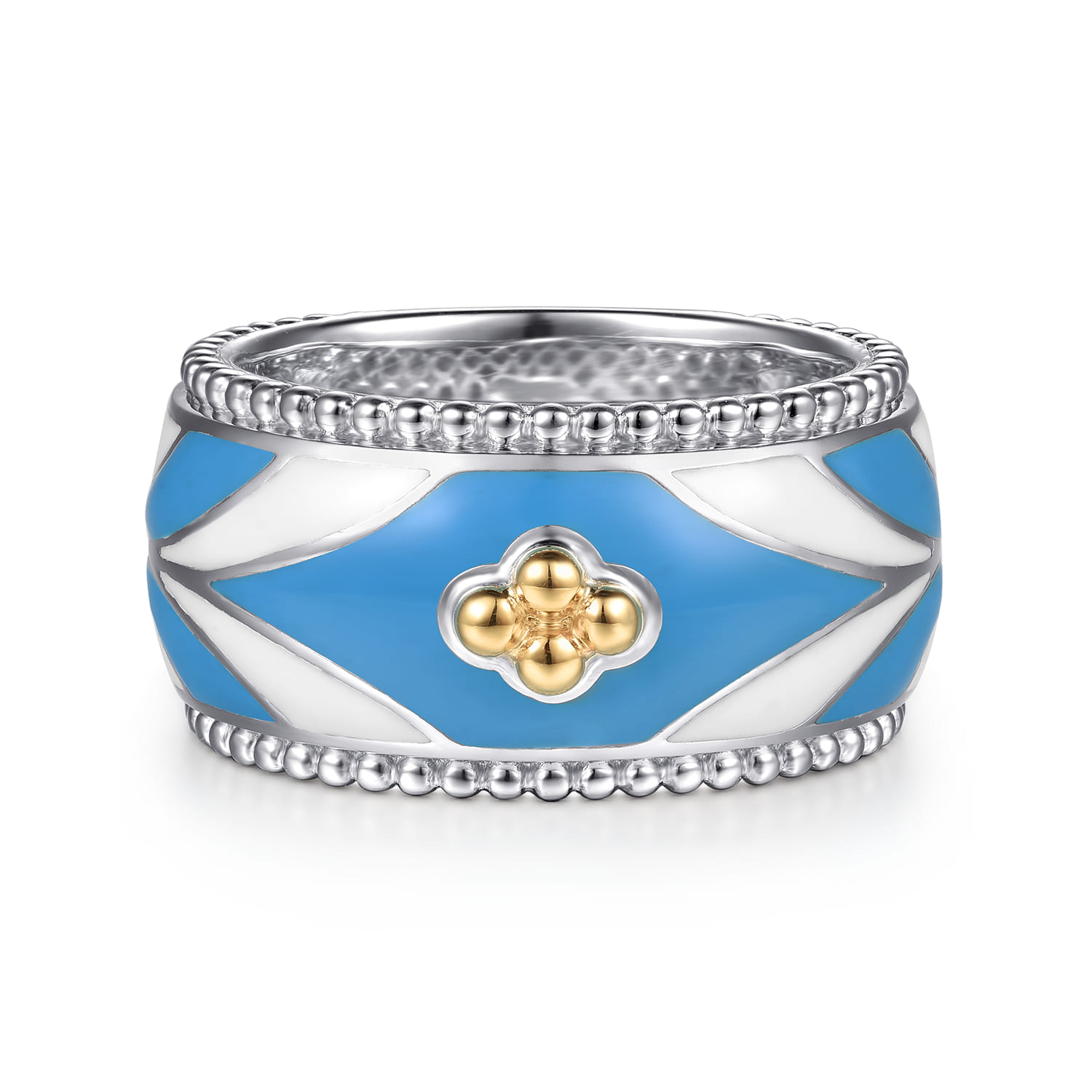 Mosaic - 14K Yellow Gold and 925 Sterling Silver Bujukan Clover Wide Band Ring with White and Dusk Blue Enamel - Shot 1