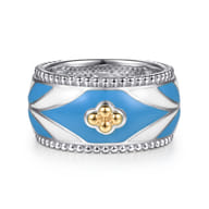 Mosaic - 14K Yellow Gold and 925 Sterling Silver Bujukan Clover Wide Band Ring with White and Dusk Blue Enamel