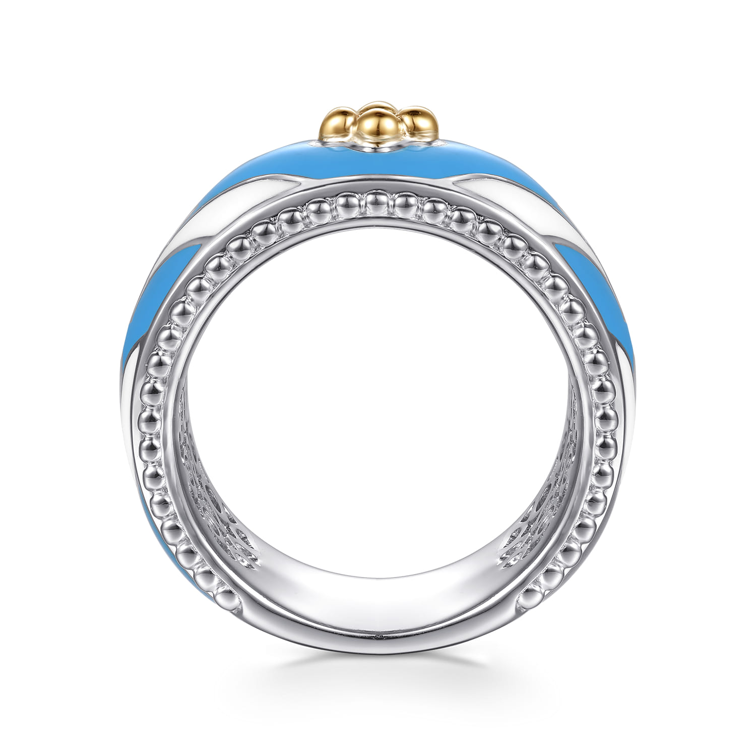 Mosaic - 14K Yellow Gold and 925 Sterling Silver Bujukan Clover Wide Band Ring with White and Dusk Blue Enamel - Shot 2