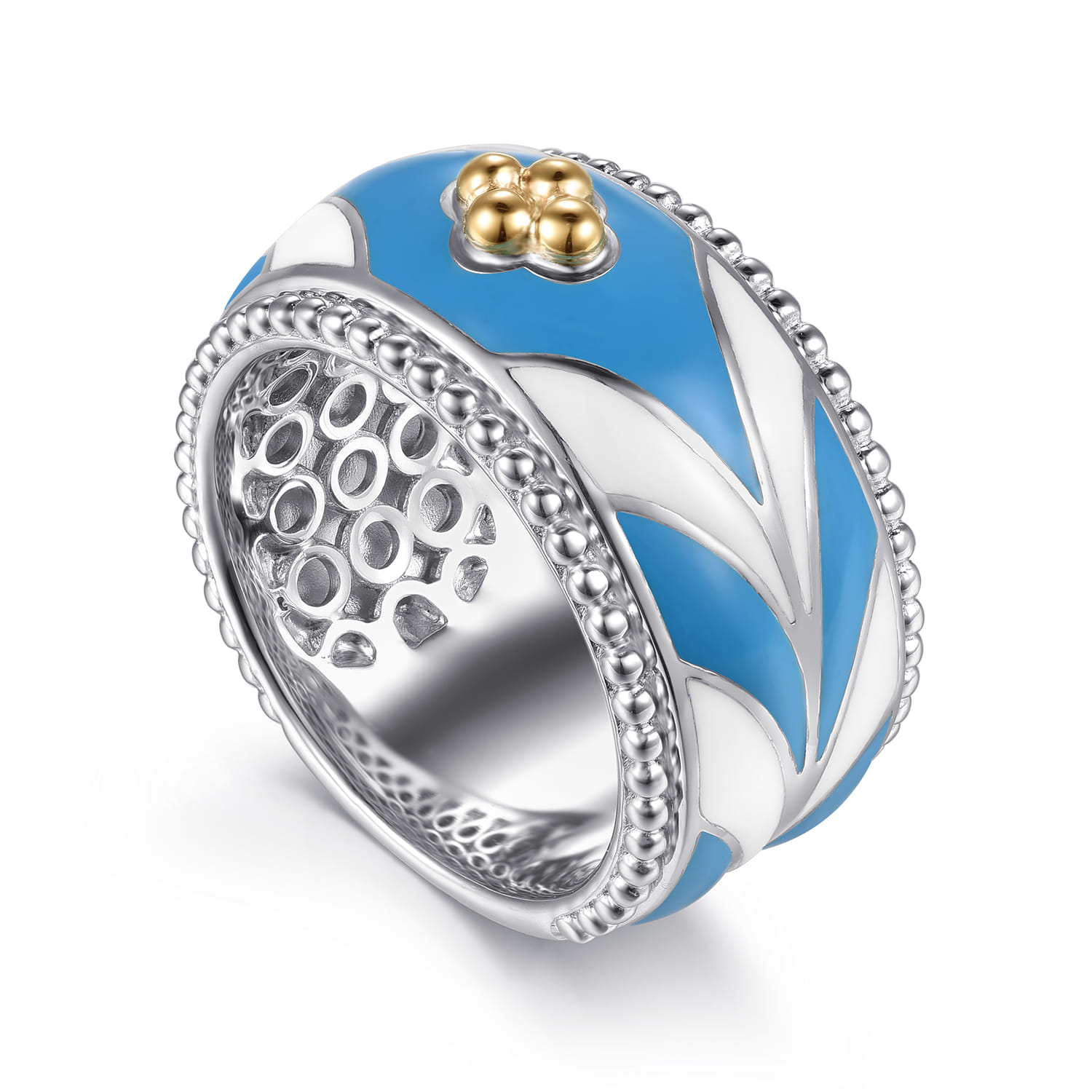 Mosaic - 14K Yellow Gold and 925 Sterling Silver Bujukan Clover Wide Band Ring with White and Dusk Blue Enamel - Shot 3