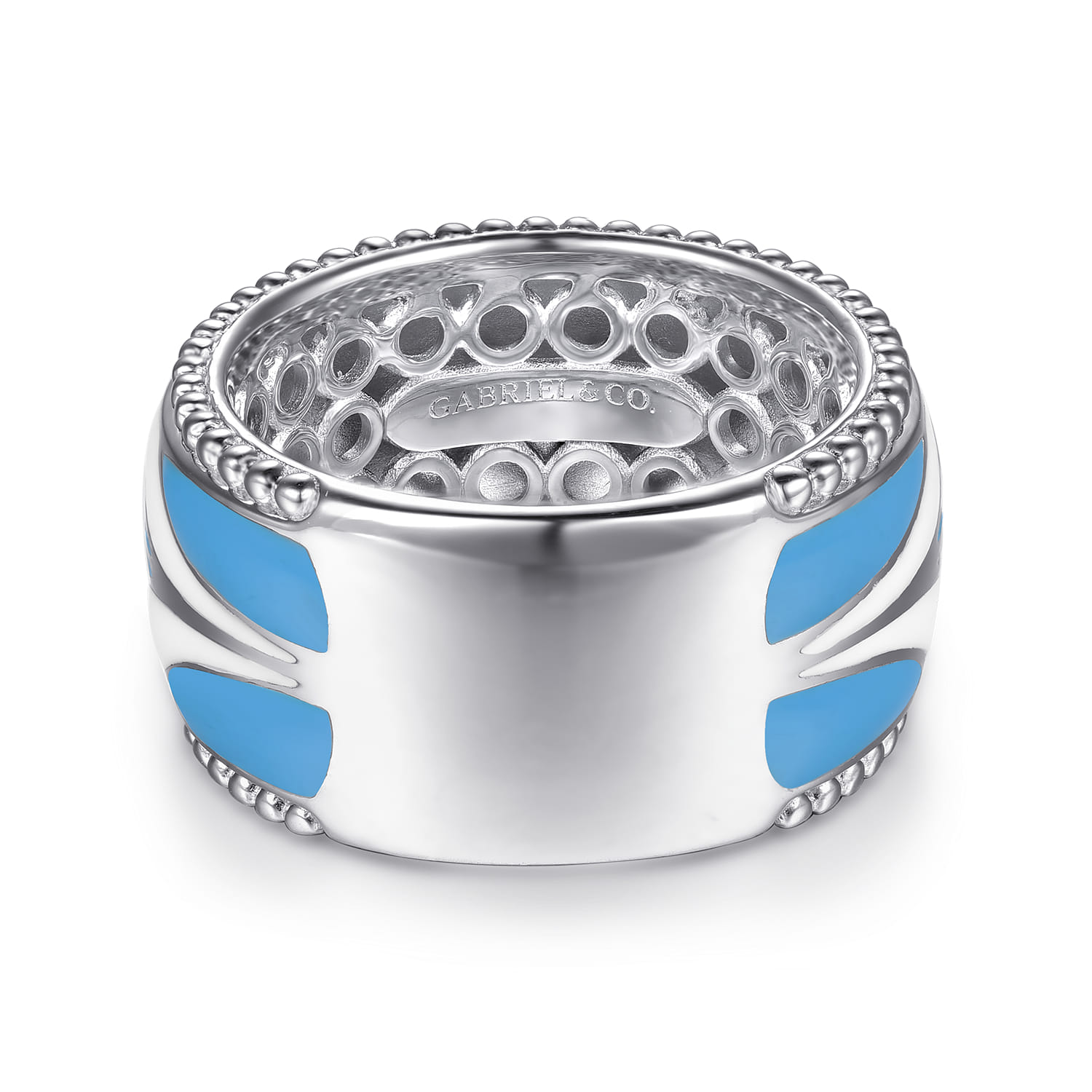 Mosaic - 14K Yellow Gold and 925 Sterling Silver Bujukan Clover Wide Band Ring with White and Dusk Blue Enamel - Shot 5