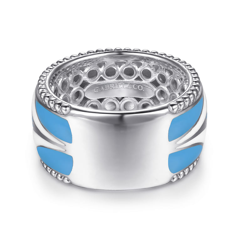 Mosaic - 14K Yellow Gold and 925 Sterling Silver Bujukan Clover Wide Band Ring with White and Dusk Blue Enamel - Shot 5