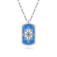 Mosaic - 925 Sterling Silver Bujukan White Sapphire and Blue Sapphire Dog Tag Pendant Necklace with Blue and Dust Blue and White Enamel