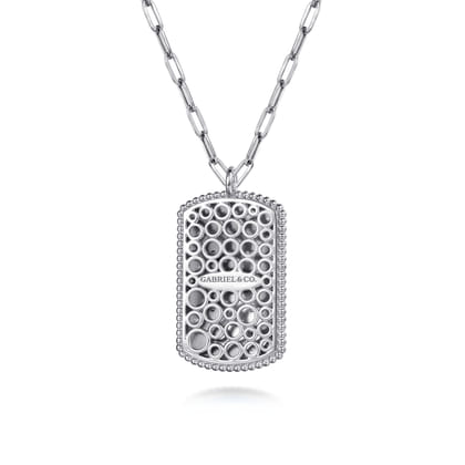 Mosaic - 925 Sterling Silver Bujukan White Sapphire and Blue Sapphire Dog Tag Pendant Necklace with Blue and Dust Blue and White Enamel