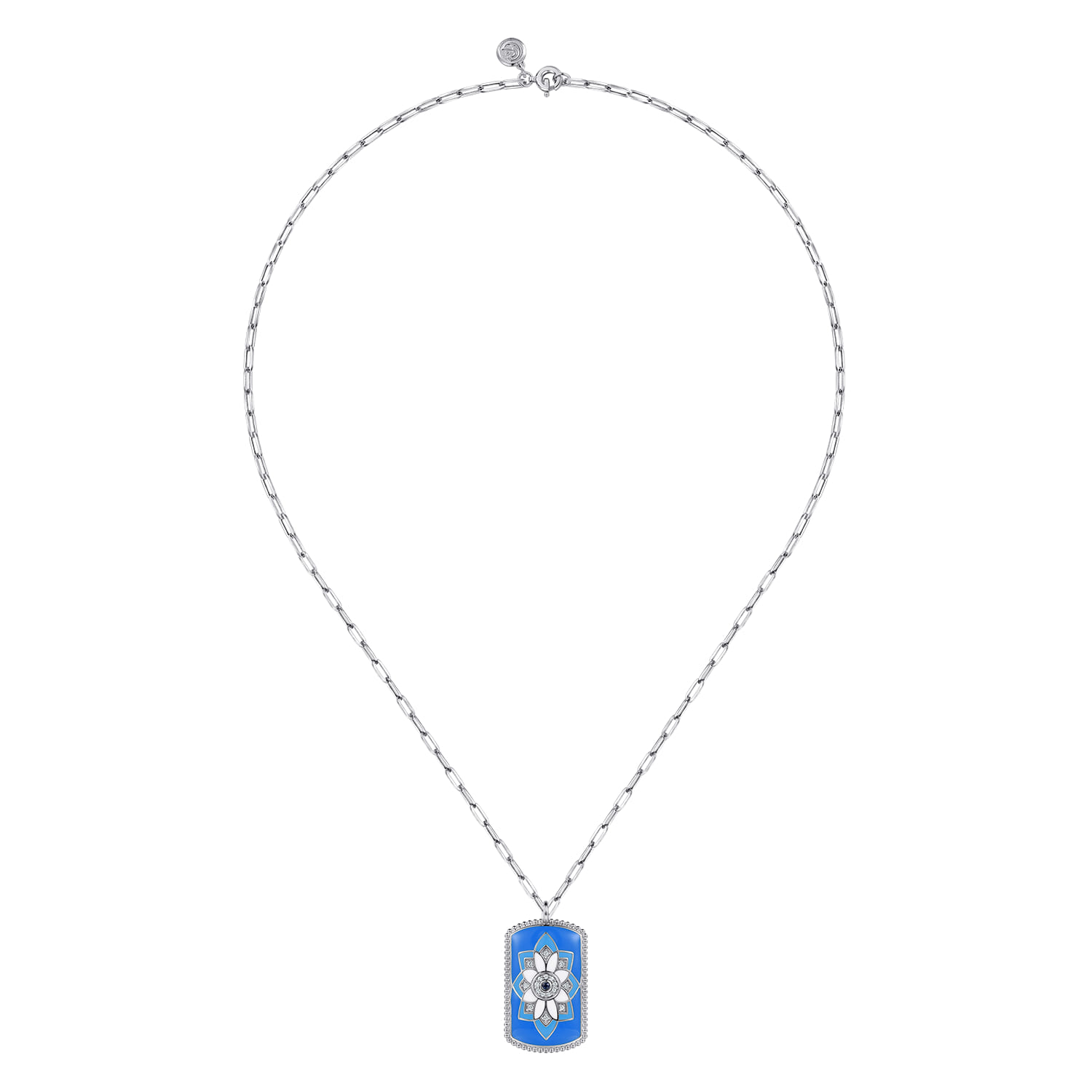 Mosaic - 925 Sterling Silver Bujukan White Sapphire and Blue Sapphire Dog Tag Pendant Necklace with Blue and Dust Blue and White Enamel - Shot 3
