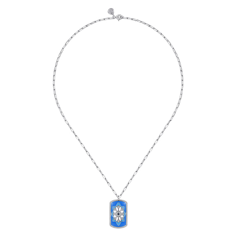 Mosaic - 925 Sterling Silver Bujukan White Sapphire and Blue Sapphire Dog Tag Pendant Necklace with Blue and Dust Blue and White Enamel - Shot 3