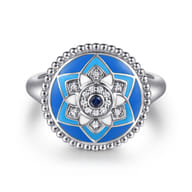 Mosaic - 925 Sterling Silver Bujukan White Sapphire and Blue Sapphire Signet Ring with Blue and Dust Blue and White Enamel