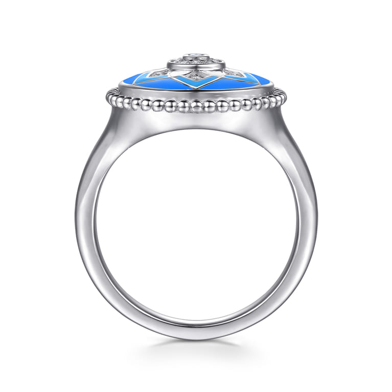 Mosaic - 925 Sterling Silver Bujukan White Sapphire and Blue Sapphire Signet Ring with Blue and Dust Blue and White Enamel - Shot 2