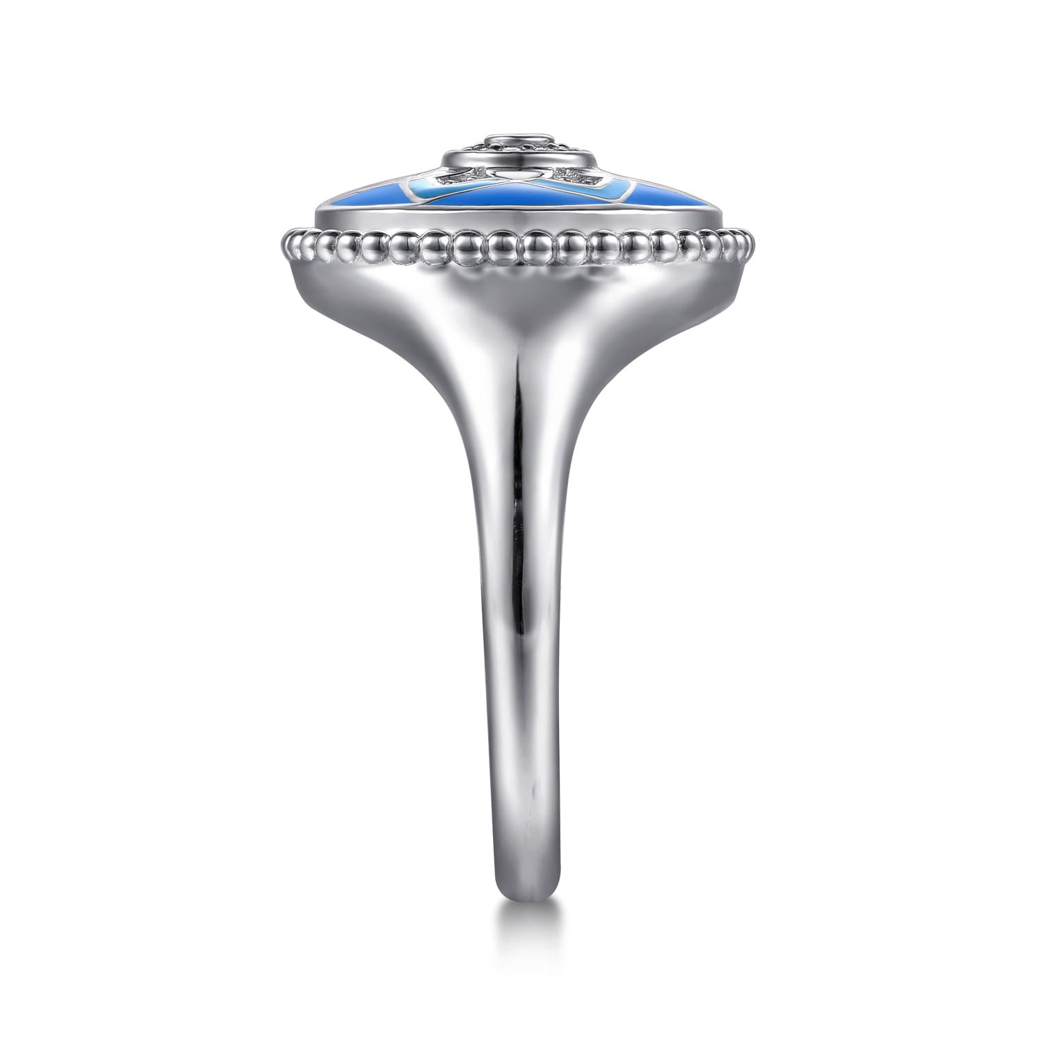 Mosaic - 925 Sterling Silver Bujukan White Sapphire and Blue Sapphire Signet Ring with Blue and Dust Blue and White Enamel - Shot 4