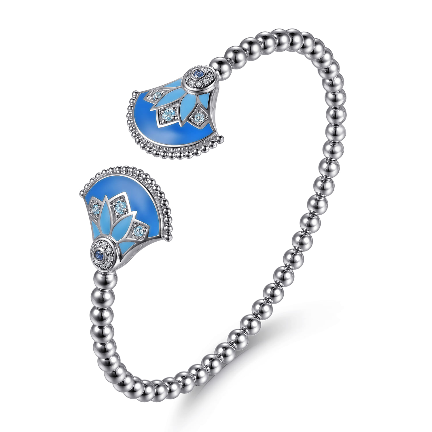 Mosaic - 925 Sterling Silver Bujukan White Sapphire and Blue Topaz Bangle Bracelet with Blue and Dust Blue Enamel - Shot 2