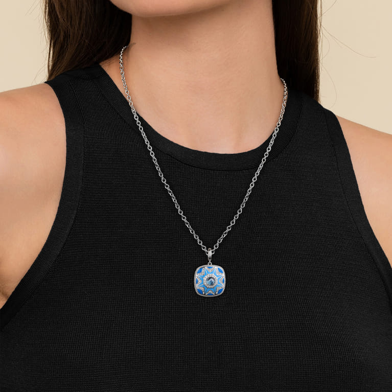 Mosaic - 925 Sterling Silver Bujukan White Sapphire and Blue Topaz Necklace with Blue and Dust Blue Enamel - Shot 4