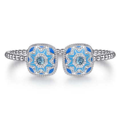 Mosaic - 925 Sterling Silver Bujukan White Sapphire and Blue Topaz Open Bangle with Blue and Dust Blue Enamel