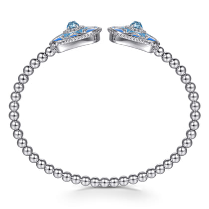 Mosaic - 925 Sterling Silver Bujukan White Sapphire and Blue Topaz Open Bangle with Blue and Dust Blue Enamel