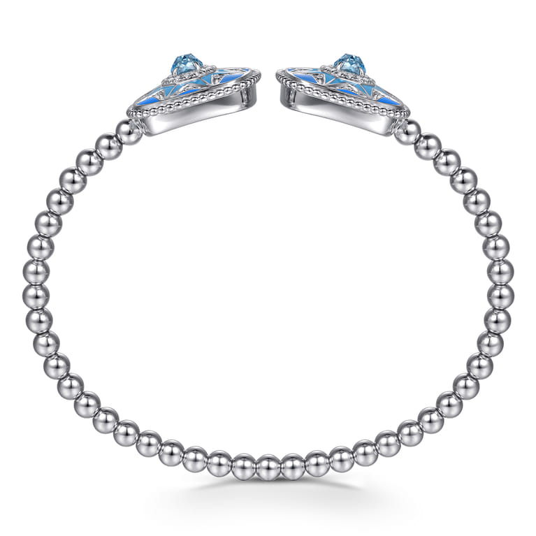 Mosaic - 925 Sterling Silver Bujukan White Sapphire and Blue Topaz Open Bangle with Blue and Dust Blue Enamel - Shot 3