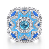 Mosaic - 925 Sterling Silver Bujukan White Sapphire and Blue Topaz Signet Ring with Blue and Dust Blue Enamel