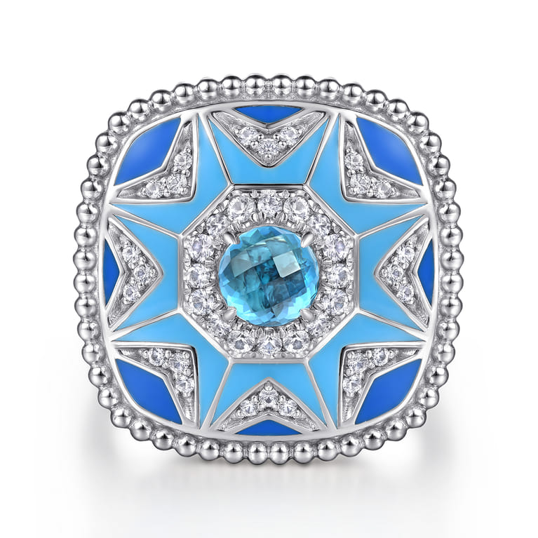 Mosaic - 925 Sterling Silver Bujukan White Sapphire and Blue Topaz Signet Ring with Blue and Dust Blue Enamel - Shot 1