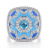 Mosaic - 925 Sterling Silver Bujukan White Sapphire and Blue Topaz Signet Ring with Blue and Dust Blue Enamel