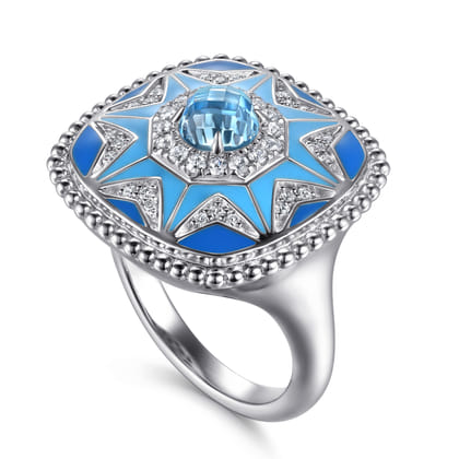 Mosaic - 925 Sterling Silver Bujukan White Sapphire and Blue Topaz Signet Ring with Blue and Dust Blue Enamel