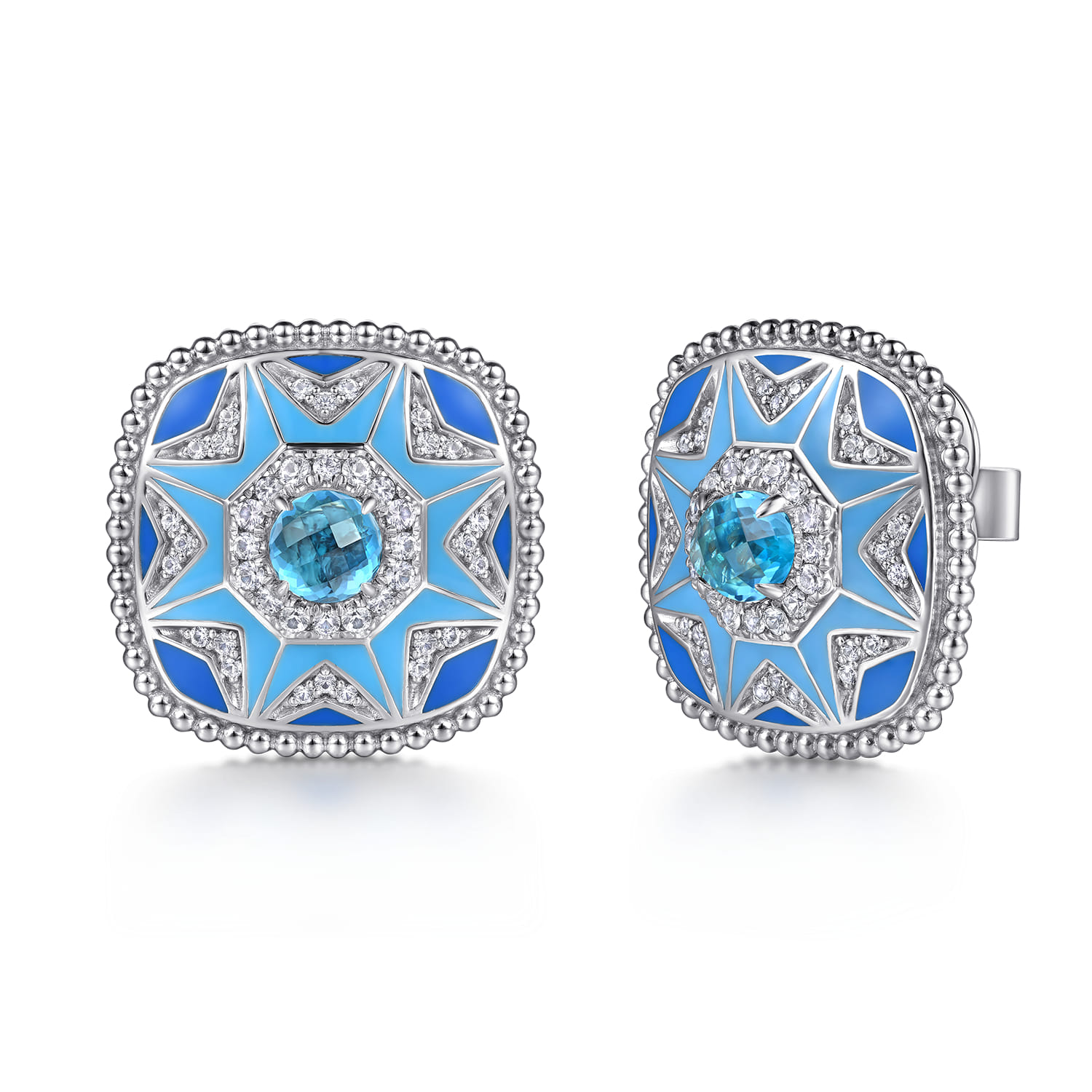 Mosaic - 925 Sterling Silver Bujukan White Sapphire and Blue Topaz Stud Earrings with Blue and Dust Blue Enamel - Shot 1