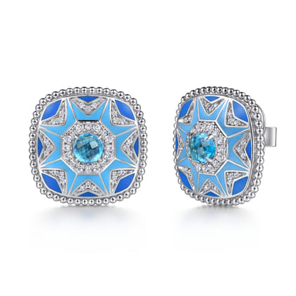 Mosaic - 925 Sterling Silver Bujukan White Sapphire and Blue Topaz Stud Earrings with Blue and Dust Blue Enamel