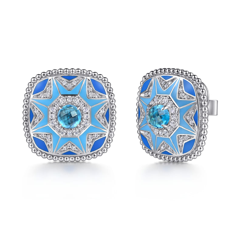 Mosaic - 925 Sterling Silver Bujukan White Sapphire and Blue Topaz Stud Earrings with Blue and Dust Blue Enamel - Shot 1