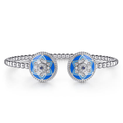 Mosaic - 925 Sterling Silver Bujukan White Sapphire and Sapphire Open Bangle Bracelet with Blue and Dust Blue and White Enamel
