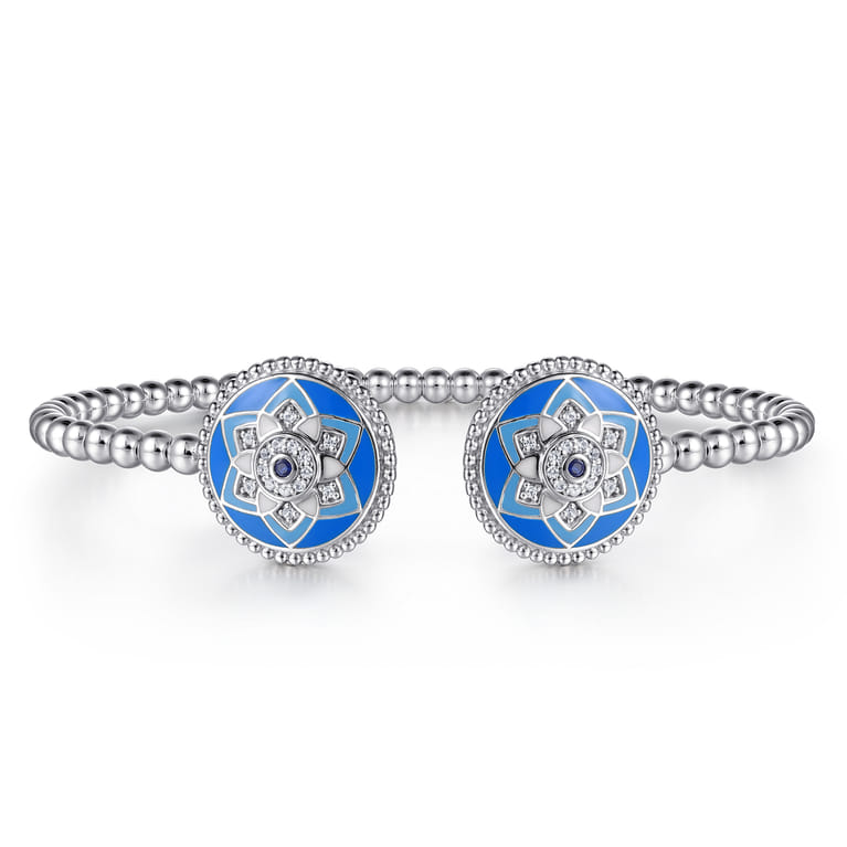 Mosaic - 925 Sterling Silver Bujukan White Sapphire and Sapphire Open Bangle Bracelet with Blue and Dust Blue and White Enamel - Shot 1