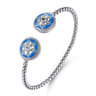 Mosaic - 925 Sterling Silver Bujukan White Sapphire and Sapphire Open Bangle Bracelet with Blue and Dust Blue and White Enamel