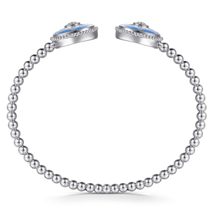 Mosaic - 925 Sterling Silver Bujukan White Sapphire and Sapphire Open Bangle Bracelet with Blue and Dust Blue and White Enamel