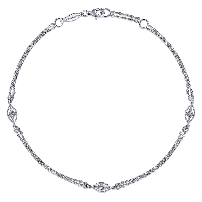 Multi Row 925 Sterling Silver Chain Ankle Bracelet with White Sapphire Marquise Stations - Shot 1